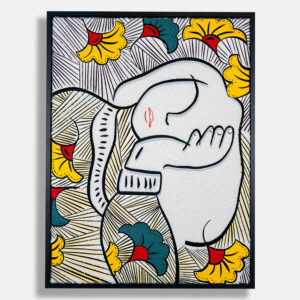 Packshot de l'œuvre "Une pause et des fleurs" de Don Mateo, tirage unique brodé sur tissu bouclette avec certificat d'authenticité. Dimensions 59x78 cm, signé à la main.
