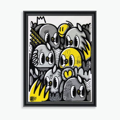 Œuvre 'Yellow Birds, 2021' par Bishopparigo. Broderie VANGART en édition limitée à 20 exemplaires. Dimensions H. 46 cm x L. 36 cm x 4 cm. Signée avec certificat d’authenticité."