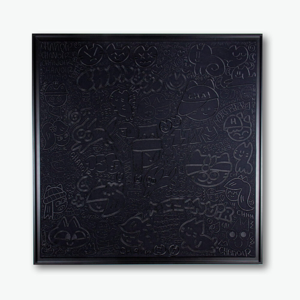 "Black cats from the Milky Way" de Chanoir, œuvre unique de 2022 réalisée en broderie VANGART avec des points de broderie détaillés, dimensions 106x106 cm, signée à la main avec certificat d'authenticité.