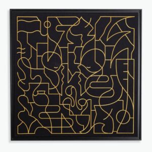 Packshot de l'œuvre "Golden Duel" de Damien Mauro, 2022. Broderie VANGART avec dimensions de 106x106 cm et un encadrement de 4,4 cm. Œuvre unique signée à la main, réalisée à Lyon, France.