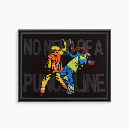 Œuvre 'No need of a punchline' par Jaune, 2021. Broderie VANGART, dimensions H. 36 cm x L. 46 cm x 4 cm. Édition limitée à 50 exemplaires, signée avec certificat d’authenticité. Art de rue en pochoir mettant en scène des ouvriers de propreté publique ou de construction