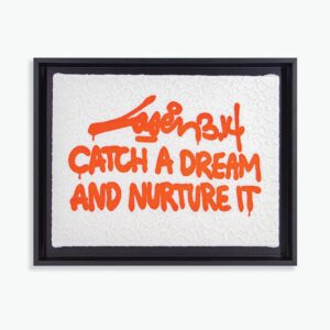 Packshot de l'œuvre "Catch A Dream And Nurture It" de Laser 3.14, 2022. Broderie VANGART orange fluo sur tissus dentelle avec dimensions de 36x46 cm et un encadrement de 4,4 cm. Œuvre unique signée et certifiée, réalisée à Lyon, France.