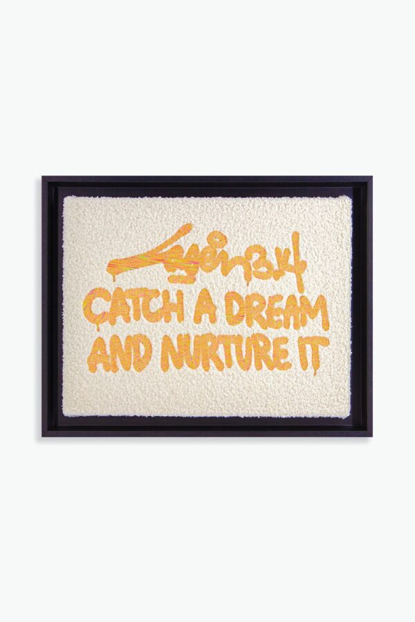 Packshot de l'œuvre "Catch A Dream And Nurture It" de Laser 3.14, 2022. Broderie VANGART orange sur tissu mouton avec dimensions de 36x46 cm et un encadrement de 4,4 cm. Œuvre unique signée et certifiée, réalisée à Lyon, France.
