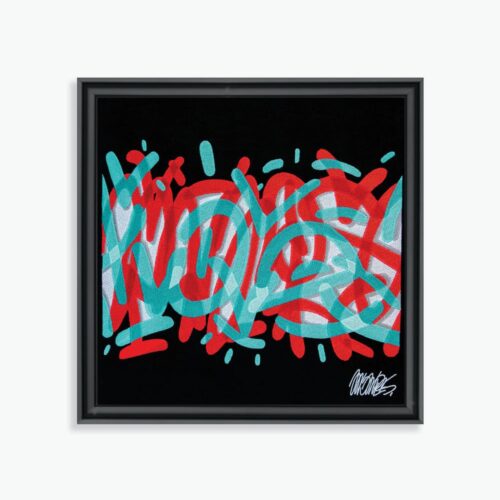 Œuvre 'Graffito' par Momies, 2021. Broderie VANGART, dimensions H. 46 cm x L. 46 cm x 4 cm. Édition limitée à 20 exemplaires, signée avec certificat d’authenticité. Street art coloré avec des teintes rouges et bleues dans un style graffiti dynamique.