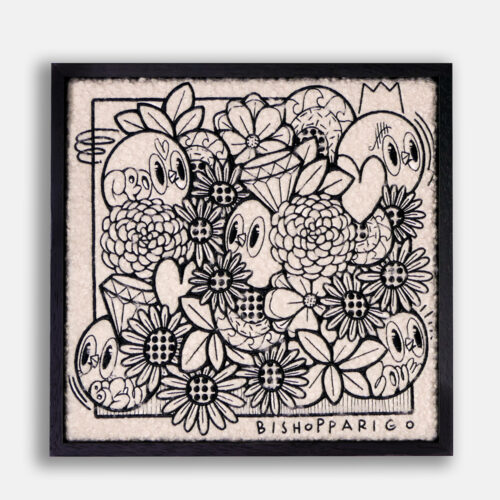 Packshot de l'œuvre 'I love flowers' par Bishopparigo, 2023. Broderie VANGART avec 1 couleur, 156 926 points de broderie, réalisée à Lyon, France. Édition limitée à 20 exemplaires, dimensions H.36 cm x L.37 cm x 4,4 cm. Signée à la main et accompagnée d’un certificat d’authenticité.