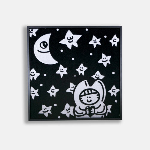 Packshot de l'œuvre "Cha pierrot, 2024" par Chanoir, présentant une broderie VANGART monochrome totalisant 192 480 points. Signée à la main par l’artiste au dos et accompagnée d’un certificat d’authenticité. lune étoile