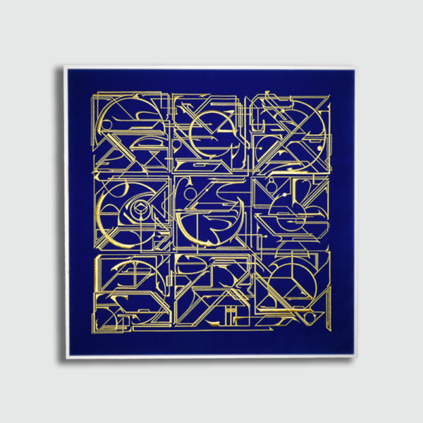 Œuvre Cosmic Message par Soklak, présentant un design complexe et doré sur fond bleu avec des formes géométriques et abstraites.