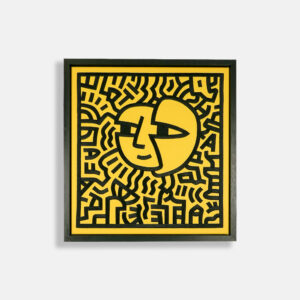 Œuvre 'QR Code' par Lorem, édition simili jaune, 2021. Broderie VANGART limitée à 30 exemplaires. Dimensions H. 40 cm x L. 39 cm x 4,4 cm. Signée au dos par l’artiste avec certificat d’authenticité